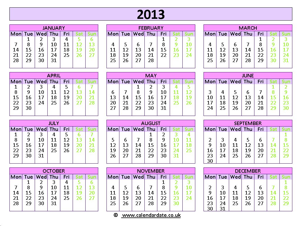 2013 calendar landscape